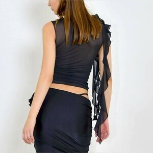 Argeousgor Black Sheer Flower Tank with Ruffle Tassels